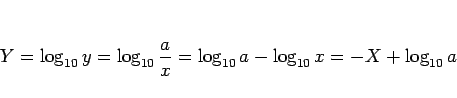 \begin{displaymath}
Y = \log_{10}y
= \log_{10}\frac{a}{x}
= \log_{10}a - \log_{10}x
= -X + \log_{10}a
\end{displaymath}