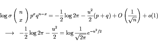 \begin{eqnarray*}\lefteqn{\log\sigma\left(\begin{array}{c} n \\ x \end{array}\ri...
...\log 2\pi -\frac{u^2}{2}
= \log\frac{1}{\sqrt{2\pi}}e^{-u^2/2}
\end{eqnarray*}