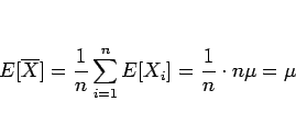\begin{displaymath}
E[\overline{X}]
=\frac{1}{n}\sum_{i=1}^nE[X_i]
=\frac{1}{n}\cdot n\mu
=\mu
\end{displaymath}