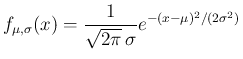 $\displaystyle f_{\mu,\sigma}(x) = \frac{1}{\sqrt{2\pi}\,\sigma}e^{-(x-\mu)^2/(2\sigma^2)}
$