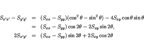 \begin{eqnarray*}S_{x'x'}-S_{y'y'}
& = & (S_{xx}-S_{yy})(\cos^2\theta-\sin^2\t...
...\
2S_{x'y'} & = & (S_{xx}-S_{yy})\sin2\theta+2S_{xy}\cos2\theta\end{eqnarray*}