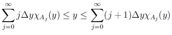 $\displaystyle
\sum_{j=0}^{\infty}j\Delta y\chi_{A_j}(y)
\leq y
\leq \sum_{j=0}^{\infty}(j+1)\Delta y\chi_{A_j}(y)
$