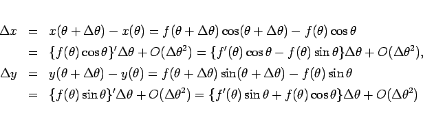 \begin{eqnarray*}\Delta x
&=&
x(\theta+\Delta\theta)-x(\theta)
%\\ &=&
=
f...
...)\sin\theta+f(\theta)\cos\theta\}\Delta\theta + O(\Delta\theta^2)\end{eqnarray*}