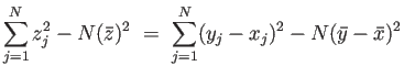 $\displaystyle \sum_{j=1}^N z_j^2 - N(\bar{z})^2
 =\
\sum_{j=1}^N (y_j-x_j)^2 - N(\bar{y}-\bar{x})^2$
