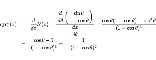 \begin{eqnarray*}\mathrm{cyc}''(x)
&=&
\frac{d}{dx} h'(x)
= \frac{\displayst...
...\cos\theta-1}{(1-\cos\theta)^3}
=
-\,\frac{1}{(1-\cos\theta)^2}\end{eqnarray*}