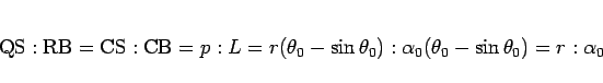 \begin{displaymath}
\mathrm{QS}:\mathrm{RB}
=\mathrm{CS}:\mathrm{CB}
= p:L
= r(...
..._0-\sin\theta_0): \alpha_0(\theta_0-\sin\theta_0)
= r:\alpha_0
\end{displaymath}