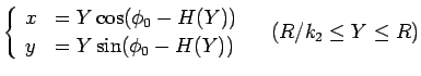 $\displaystyle \left\{\begin{array}{ll}
x &= Y\cos (\phi_0-H(Y))\\
y &= Y\sin (\phi_0-H(Y))\\
\end{array}\right. \hspace{1zw}(R/k_2\leq Y\leq R)$