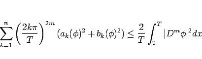 \begin{displaymath}
\sum_{k=1}^n\left(\frac{2k\pi}{T}\right)^{2m}(a_k(\phi)^2+b_k(\phi)^2)
\leq
\frac{2}{T}\int_0^T\vert D^m\phi\vert^2dx\end{displaymath}