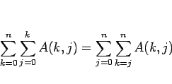 \begin{displaymath}
\sum_{k=0}^n\sum_{j=0}^k A(k,j) = \sum_{j=0}^n\sum_{k=j}^n A(k,j)\end{displaymath}