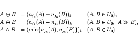 \begin{displaymath}
\begin{array}{lll}
\displaystyle A\mathrel{\oplus}B & = (n_...
...(\min\{n_{j_k}(A), n_{j_k}(B)\})_k
& (A, B\in U_0)
\end{array}\end{displaymath}