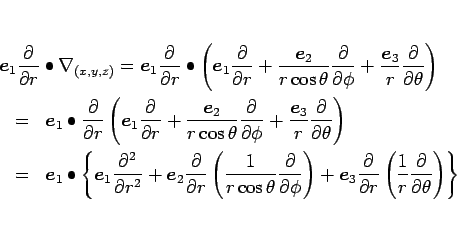 \begin{eqnarray*}\lefteqn{\mbox{\boldmath$e$}_1\frac{\partial}{\partial r}\bulle...
...}\left(\frac{1}{r}\frac{\partial}{\partial \theta}\right)\right\}\end{eqnarray*}