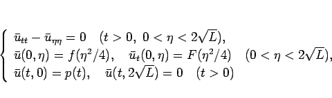 \begin{displaymath}
\left\{\begin{array}{l}
\bar{u}_{tt}-\bar{u}_{\eta\eta}=0\h...
...e{1zw}\bar{u}(t,2\sqrt{L})=0\hspace{1zw}(t>0)\end{array}\right.\end{displaymath}