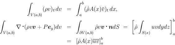 \begin{eqnarray*}\int_{V(a,b)}(\rho v)_t\,dv
&=&
\int_a^b (\hat{\rho}A(x)\bar{...
...\right]_a^b
\\ &=&
\left[\hat{\rho}A(x)\overline{uv}\right]_a^b\end{eqnarray*}