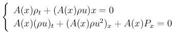 $\displaystyle
\left\{\begin{array}{l}
A(x)\rho_t + (A(x)\rho u)x = 0\\
A(x)(\rho u)_t + (A(x)\rho u^2)_x + A(x)P_x = 0
\end{array}\right.$