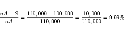 \begin{displaymath}
\frac{nA-S}{nA} = \frac{110,000 - 100,000}{110,000}
= \frac{10,000}{110,000} = 9.09\%
\end{displaymath}