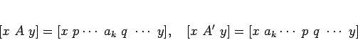 \begin{displaymath}[x A y]=[x p \cdots  a_k q \cdots y],
\hspace{1zw}
[x A' y]=[x a_k \cdots  p q \cdots y]
\end{displaymath}
