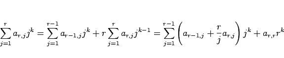 \begin{displaymath}
\sum_{j=1}^r a_{r,j}j^k
=
\sum_{j=1}^{r-1} a_{r-1,j}j^k +r\...
...{r-1}\left(a_{r-1,j}+\frac{r}{j}a_{r,j}\right)j^k
+a_{r,r}r^k
\end{displaymath}