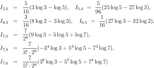 \begin{eqnarray*}I_{5,2} &=& \frac{5}{16}(3\log 3 -\log 5),
\hspace{1zw}I_{5,4}...
...7,6} &=& \frac{7}{5!\cdot 2^6}(3^6\log 3 - 5^5\log 5 + 7^4\log 7)\end{eqnarray*}