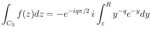 $\displaystyle \int_{C_3}f(z)dz = -e^{-iq\pi/2}\,i\int_\varepsilon^Ry^{-q}e^{-y}dy$