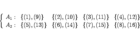 \begin{displaymath}
\left\{\begin{array}{lllll}
A_1: & \{(1),(9)\} & \{(2),(10...
...\{(6),(14)\} & \{(7),(15)\} & \{(8),(16)\}
\end{array}\right. \end{displaymath}