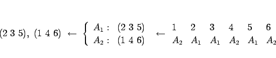 \begin{displaymath}
(2 3 5), (1 4 6) \leftarrow
 \left\{\begin{array}{ll}...
...3 & 4 & 5 & 6\\
A_2 & A_1 & A_1 & A_2 & A_1 & A_2
\end{array}\end{displaymath}