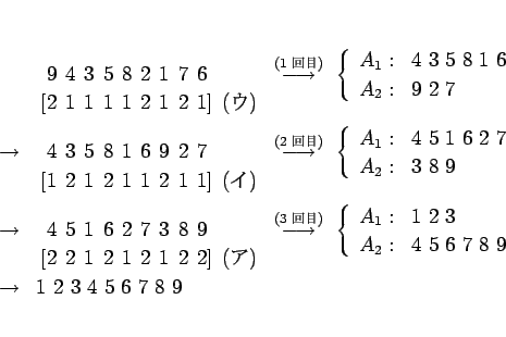 \begin{eqnarray*}&&
\raisebox{-8pt}{\tabcolsep=2.5pt\begin{tabular}{rccccccclc...
...nd{array}\right.\\
& \rightarrow &
1 2 3 4 5 6 7 8 9
\end{eqnarray*}