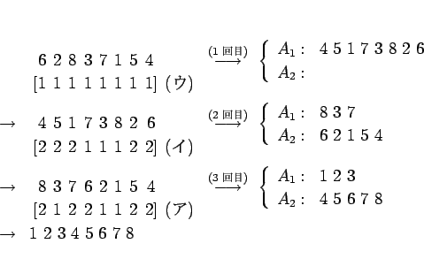 \begin{eqnarray*}&&
\raisebox{-8pt}{\tabcolsep=2.5pt\begin{tabular}{rcccccclc}...
...8
\end{array}\right.\\
& \rightarrow &
1 2 3 4 5 6 7 8\end{eqnarray*}