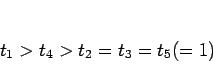 \begin{displaymath}
t_1>t_4>t_2=t_3=t_5(=1)
\end{displaymath}