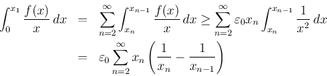 \begin{eqnarray*}\int_0^{x_1} \frac{f(x)}{x}\,dx
&=&
\sum_{n=2}^\infty \int_{x...
...um_{n=2}^\infty
x_n\left(\frac{1}{x_n}-\frac{1}{x_{n-1}}\right)\end{eqnarray*}