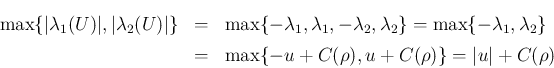 \begin{eqnarray*}\max\{\vert\lambda_1(U)\vert,\vert\lambda_2(U)\vert\}
&=&
\ma...
...2\}
\\ &=&
\max\{-u+C(\rho),u+C(\rho)\}
= \vert u\vert+C(\rho)\end{eqnarray*}