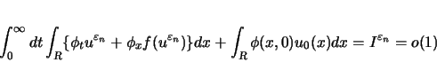 \begin{displaymath}
\int_0^\infty dt\int_{\mbox{\scriptsize\sl R}}\{\phi_t u^{\v...
...{\scriptsize\sl R}}\phi(x,0)u_0(x)dx
=I^{\varepsilon _n}=o(1)
\end{displaymath}