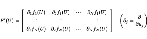 \begin{displaymath}
F'(U)=\left[
\begin{array}{cccc}
\partial_1f_1(U) & \parti...
...ce{1zw}\left(\partial_j = \frac{\partial}{\partial u_j}\right)
\end{displaymath}