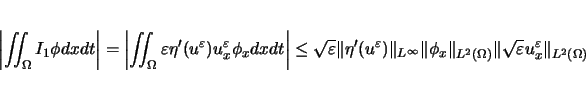\begin{displaymath}
\left\vert\int\hspace{-6pt}\int _\Omega I_1\phi dxdt\right\...
... \Vert\sqrt{\varepsilon }u^\varepsilon _x\Vert _{L^2(\Omega)}
\end{displaymath}