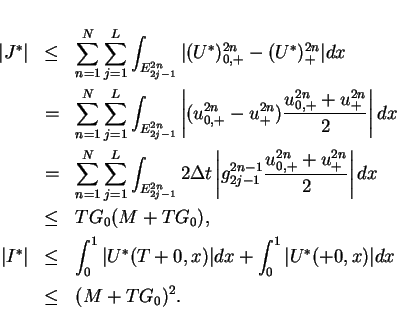 \begin{eqnarray*}
\vert J^\ast\vert & \leq & \sum_{n=1}^N \sum_{j=1}^L \int_{E_...
...x + \int_0^1\vert U^\ast(+0,x)\vert dx \\
& \leq & (M+TG_0)^2.
\end{eqnarray*}