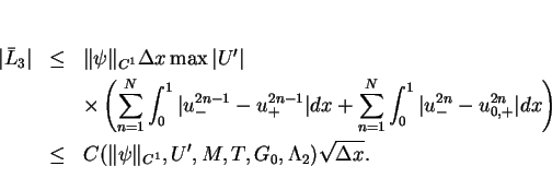 \begin{eqnarray*}
\vert\bar{L}_3\vert & \leq & \Vert\psi\Vert _{C^1}\Delta x\ma...
... & C(\Vert\psi\Vert _{C^1},U',M,T,G_0,\Lambda_2)\sqrt{\Delta x}.
\end{eqnarray*}