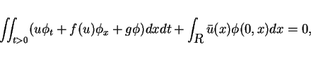 \begin{displaymath}
\displaystyle \int\hspace{-6pt}\int _{t>0} (u\phi_t + f(u)\...
...\phi) dxdt
+ \int_{{\mbox{\sl R}}} \bar{u}(x)\phi(0,x)dx = 0,\end{displaymath}