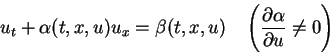 \begin{displaymath}
u_t+\alpha(t,x,u)u_x = \beta(t,x,u) \hspace{1zw}
\left(\frac{\partial \alpha}{\partial u}\neq 0\right)
\end{displaymath}