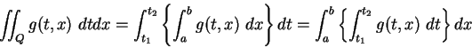 \begin{displaymath}
\int\hspace{-6pt}\int _Q g(t,x)\ dtdx
= \int_{t_1}^{t_2}\le...
...\} dt
= \int_a^b \left\{\int_{t_1}^{t_2} g(t,x)\ dt\right\} dx
\end{displaymath}