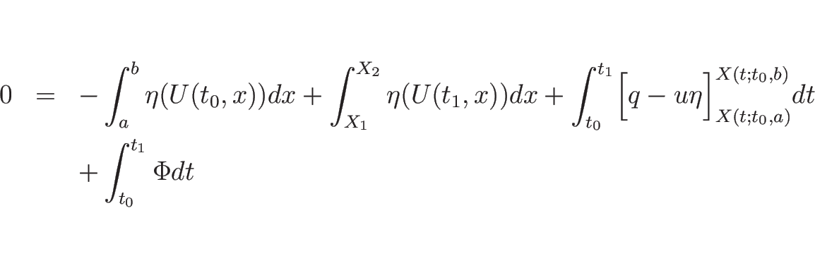 \begin{eqnarray*}0
&=&
-\int_a^b\eta(U(t_0,x))dx+\int_{X_1}^{X_2}\eta(U(t_1,x...
...gr]_{X(t;t_0,a)}^{X(t;t_0,b)}dt
\\ &&
+\int_{t_0}^{t_1}\Phi dt\end{eqnarray*}