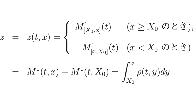 \begin{eqnarray*}z
&=&
z(t,x)
=
\left\{\begin{array}{ll}
M^1_{[X_0,x]}(t) ...
... &=&
\bar{M}^1(t,x)-\bar{M}^1(t,X_0)
=
\int_{X_0}^x\rho(t,y)dy\end{eqnarray*}