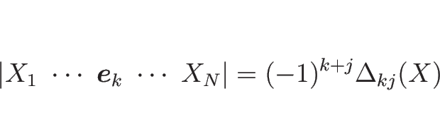 \begin{displaymath}
\vert X_1\ \cdots\ \mbox{\boldmath$e$}_k \ \cdots\ X_N\vert=(-1)^{k+j}\Delta_{kj}(X)
\end{displaymath}