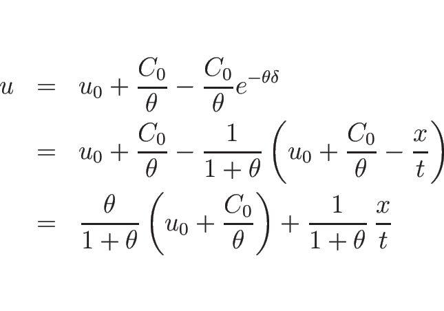 \begin{eqnarray*}u
&=&
u_0+\frac{C_0}{\theta}-\frac{C_0}{\theta}e^{-\theta\de...
...(u_0+\frac{C_0}{\theta}\right)
+\frac{1}{1+\theta}\, \frac{x}{t}\end{eqnarray*}