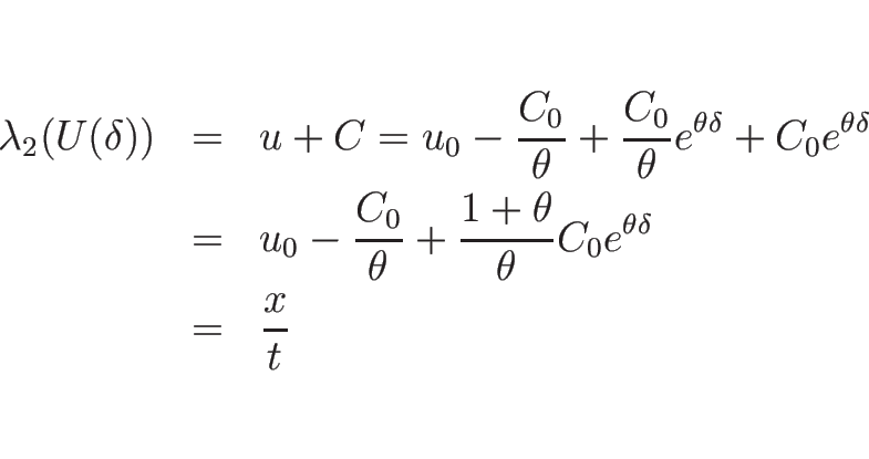 \begin{eqnarray*}\lambda_2(U(\delta))
&=&
u+C
=
u_0-\frac{C_0}{\theta}+\frac...
...}+\frac{1+\theta}{\theta}C_0e^{\theta\delta}
\\ &=&
\frac{x}{t}\end{eqnarray*}