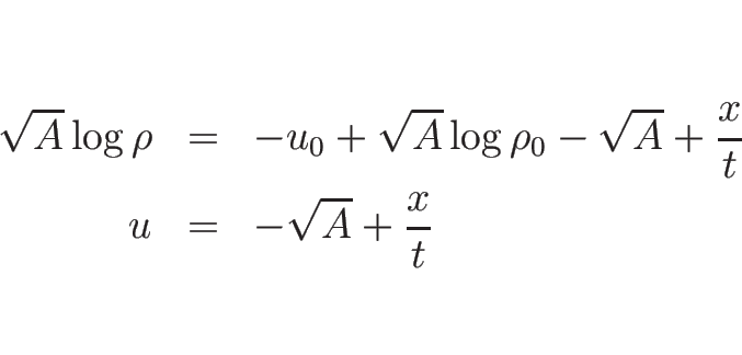 \begin{eqnarray*}\sqrt{A}\log\rho &=& -u_0+\sqrt{A}\log\rho_0-\sqrt{A}+\frac{x}{t}\\
u &=& -\sqrt{A}+\frac{x}{t}\end{eqnarray*}