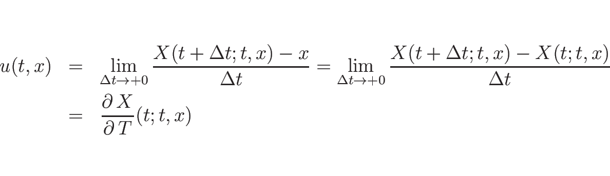 \begin{eqnarray*}u(t,x)
&=&
\lim_{\Delta t\rightarrow +0}
\frac{X(t+\Delta t;...
...t,x)}{\Delta t}
\\ &=&
\frac{\partial\, X}{\partial\, T}(t;t,x)\end{eqnarray*}